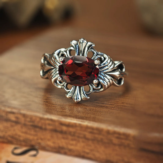 S925 Sterling Silver Jewelry Ring Natural Garnet Gemstone Vintage Crossing Style Luxury Rings