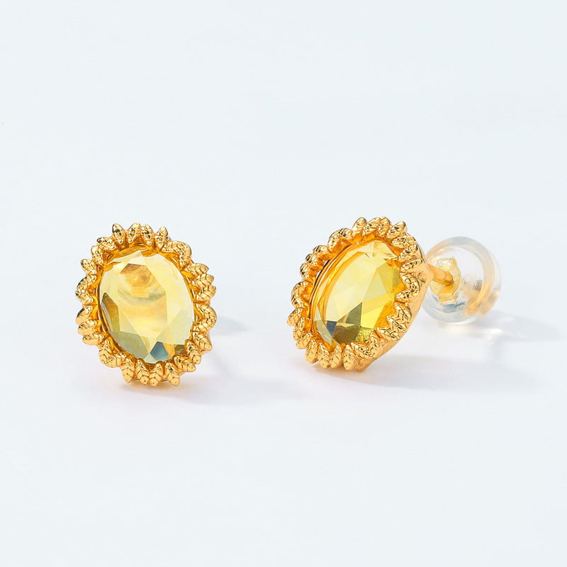 S925 Sterling Silver Jewelry Earrings Citrine Gemstone Sunflower Style Stud Earrings