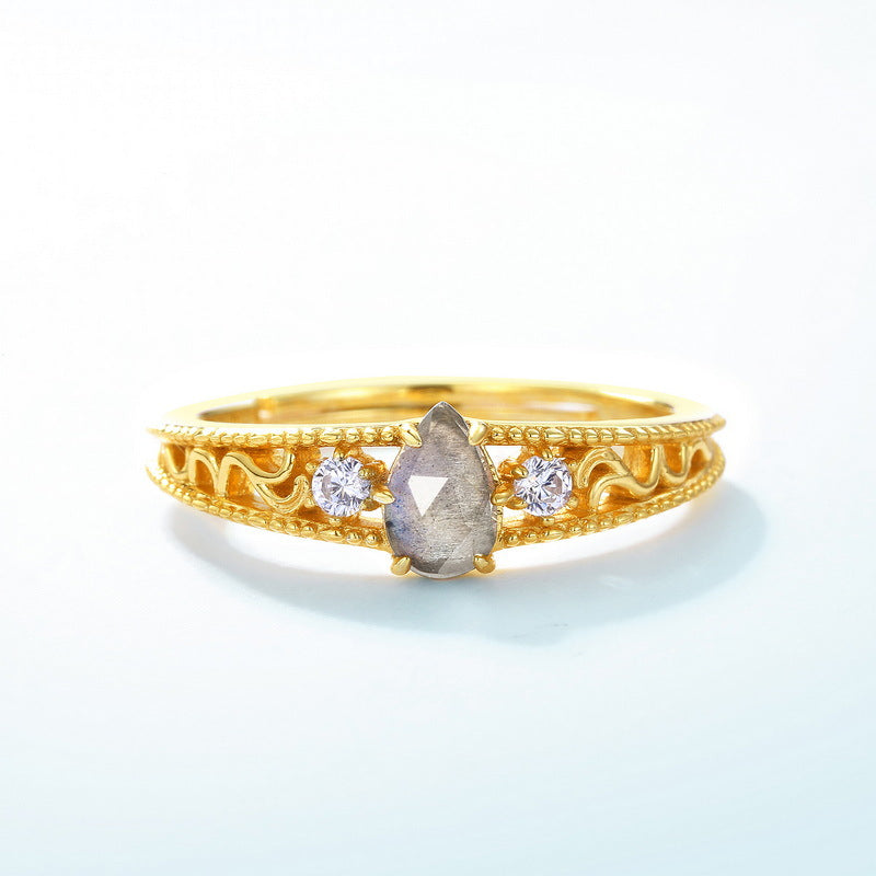 S925 Sterling Silver Jewelry Ring Natural Labradorite Gemstone Waterdrop Style Floral Lace Rings