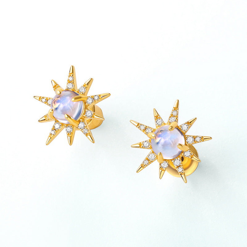S925 Sterling Silver Jewelry Earrings Natural Moonstone Gemstone Star Style Stud Earrings
