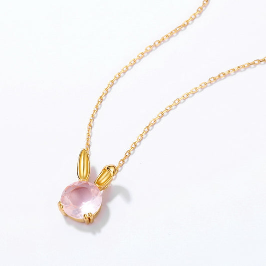S925 Sterling Silver Jewelry Necklace Natural Rose Quartz Cute Rabbit Charms Choker Necklace