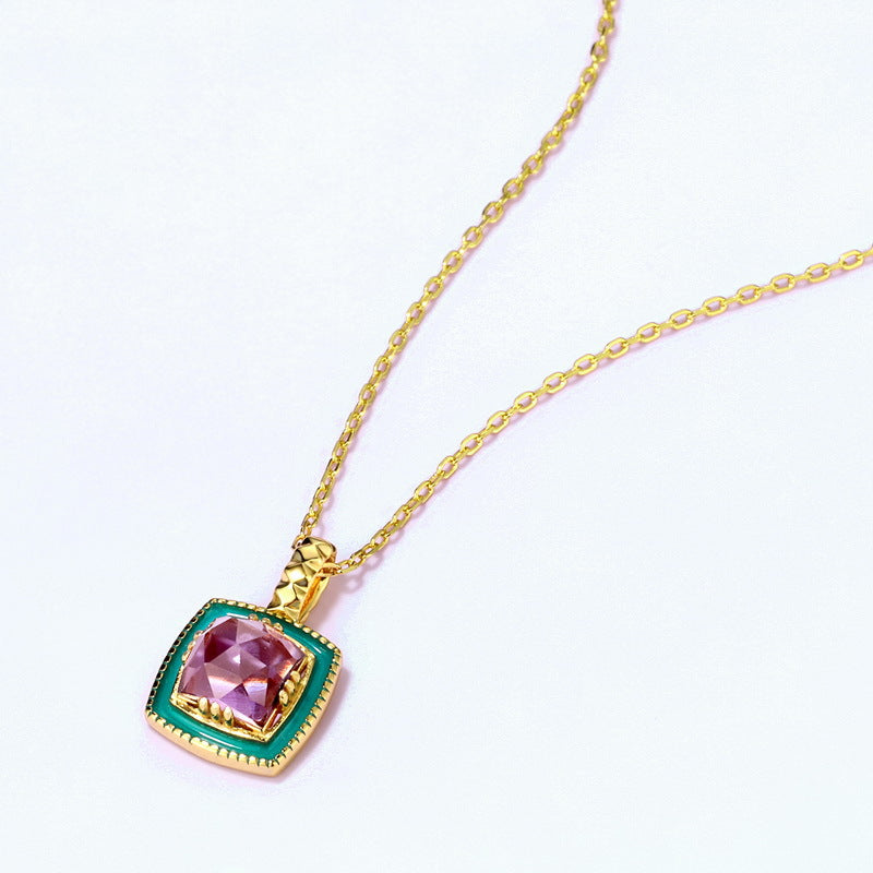 S925 Sterling Silver Jewelry Pendants Natural Amethyst Gemstone Enamel Necklace Charms