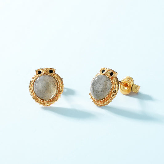 S925 Sterling Silver Jewelry Earrings Natural Labradorite Gemstone Cute Owl Style Earrings