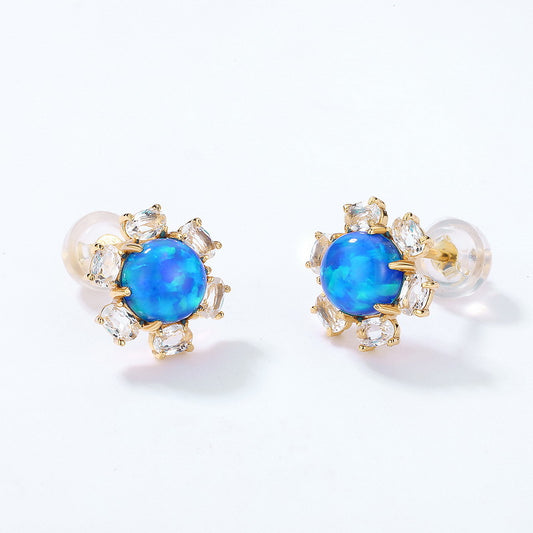 S925 Sterling Silver Jewelry Earrings Gold Plating Blue Opal Gemstone Floral Style Stud Earrings
