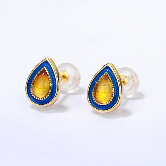 S925 Sterling Silver Jewelry Earrings Natural Amber Vintage Enamel Water Drop Style Earrings