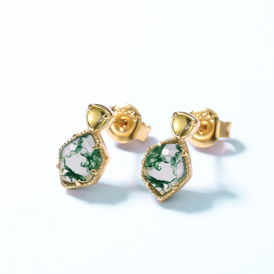 S925 Sterling Silver Jewelry Earrings Natural Moss Agate Gemstone Geometric Drop Earrings