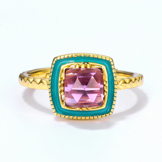 S925 Sterling Silver Jewelry Ring Natural Amethyst Gemstone Enamel Square Style Rings