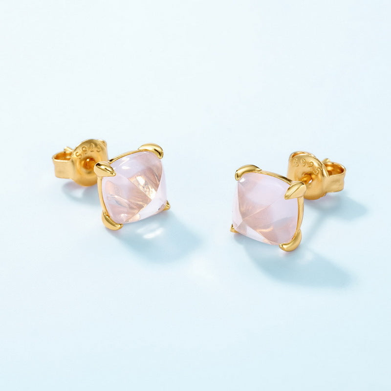 S925 Sterling Silver Jewelry Earrings Natural Rose Quartz Fashion Style Stud Earrings