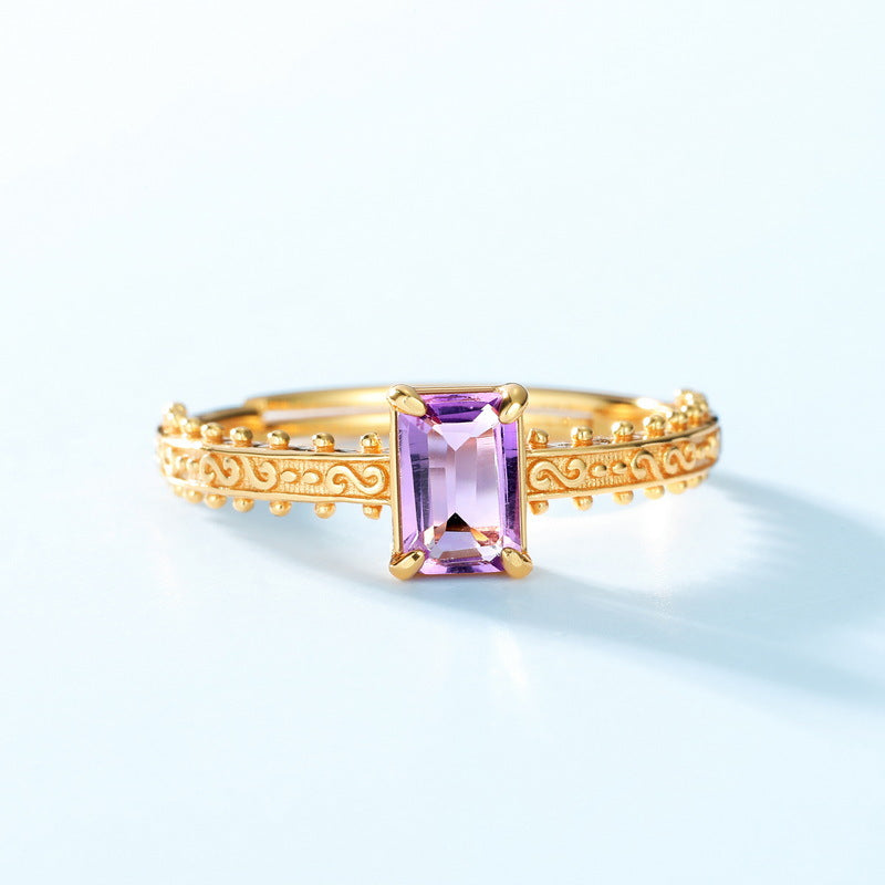 S925 Sterling Silver Jewelry Ring Natural Amethyst Gemstone Floral Palace Style Rings