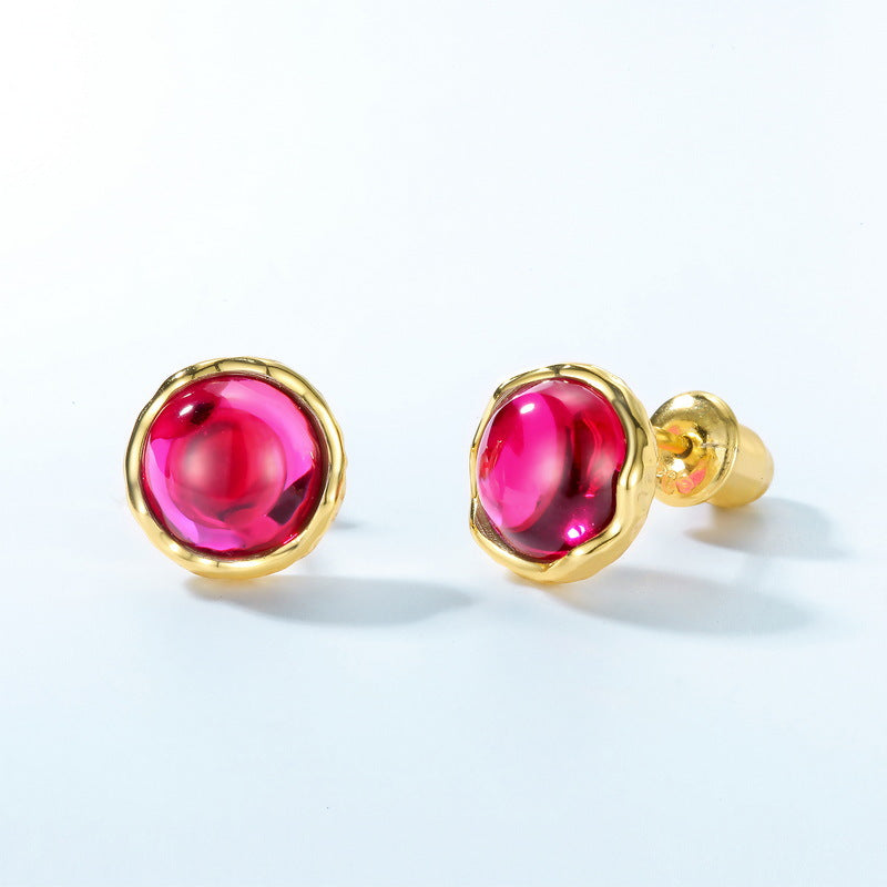 S925 Sterling Silver Jewelry Earrings Red Corundum Gemstone Fashion Stud Earrings