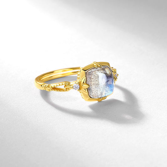 S925 Sterling Silver Jewelry Ring Natural Labradorite Gemstone Geometric Square Style Rings