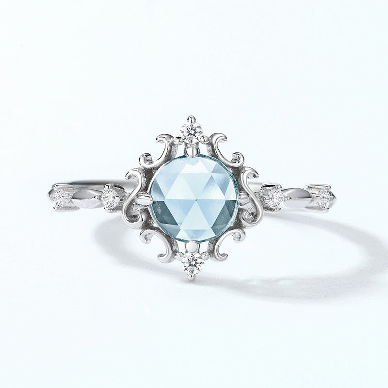 S925 Sterling Silver Jewelry Ring Natural Sky Blue Topaz Gemstone Vintage Floral Style Rings