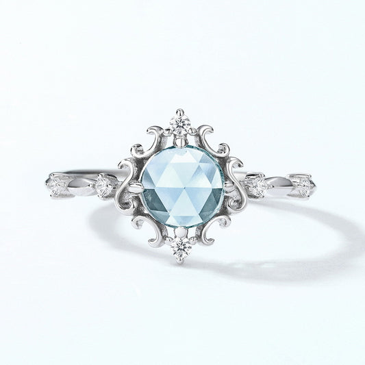 S925 Sterling Silver Jewelry Ring Natural Sky Blue Topaz Gemstone Vintage Floral Style Rings