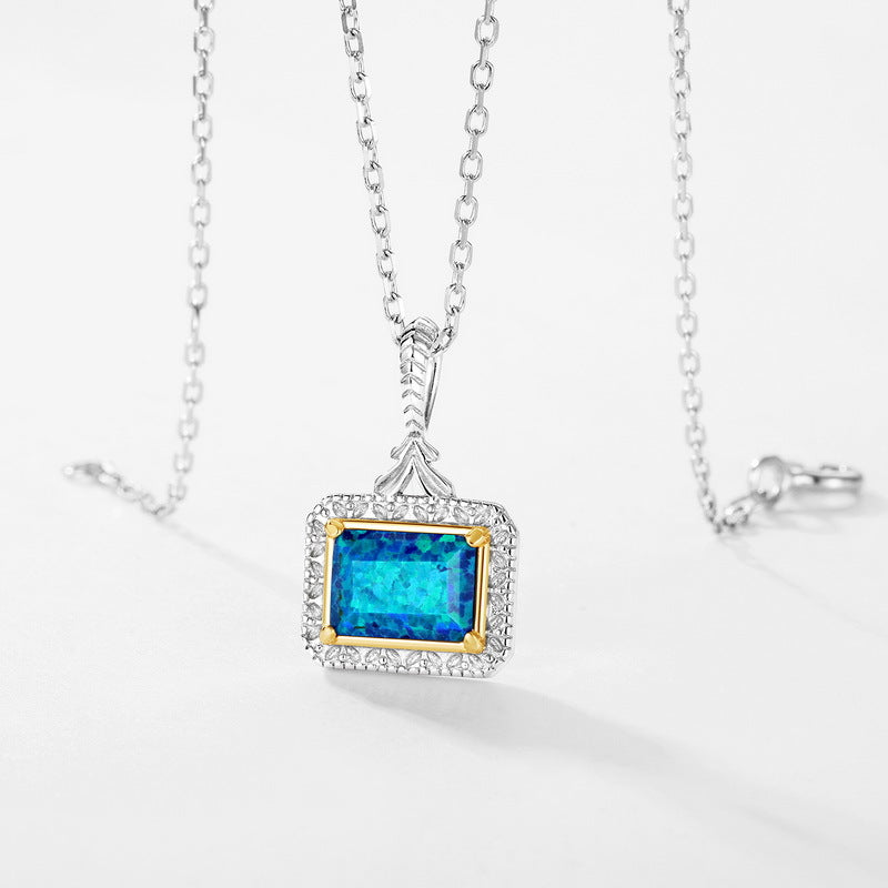 S925 Sterling Silver Jewelry Pendant Blue Opal Gemstone Luxury Choker Necklace Pendant