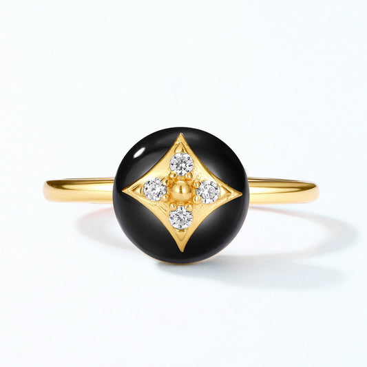 S925 Sterling Silver Jewelry Ring Natural Black Onyx Gemstone Lucky Clover Style Rings