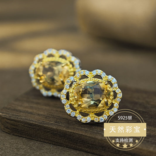Natural Citrine Gemstone Fine Jewelry 925 Sterling Silver Palace Style Stud Earrings