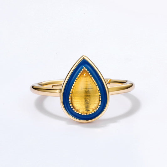 S925 Sterling Silver Jewelry Ring Natural Amber Vintage Enamel Water Drop Style Rings