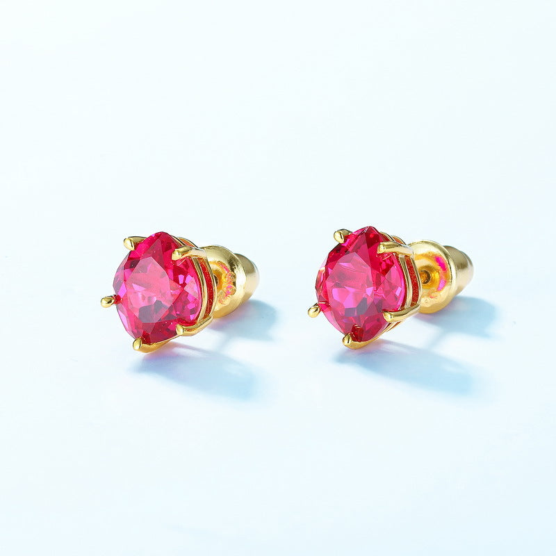 S925 Sterling Silver Jewelry Earrings Red Corundum Gemstone Geometric Style Stud Earrings