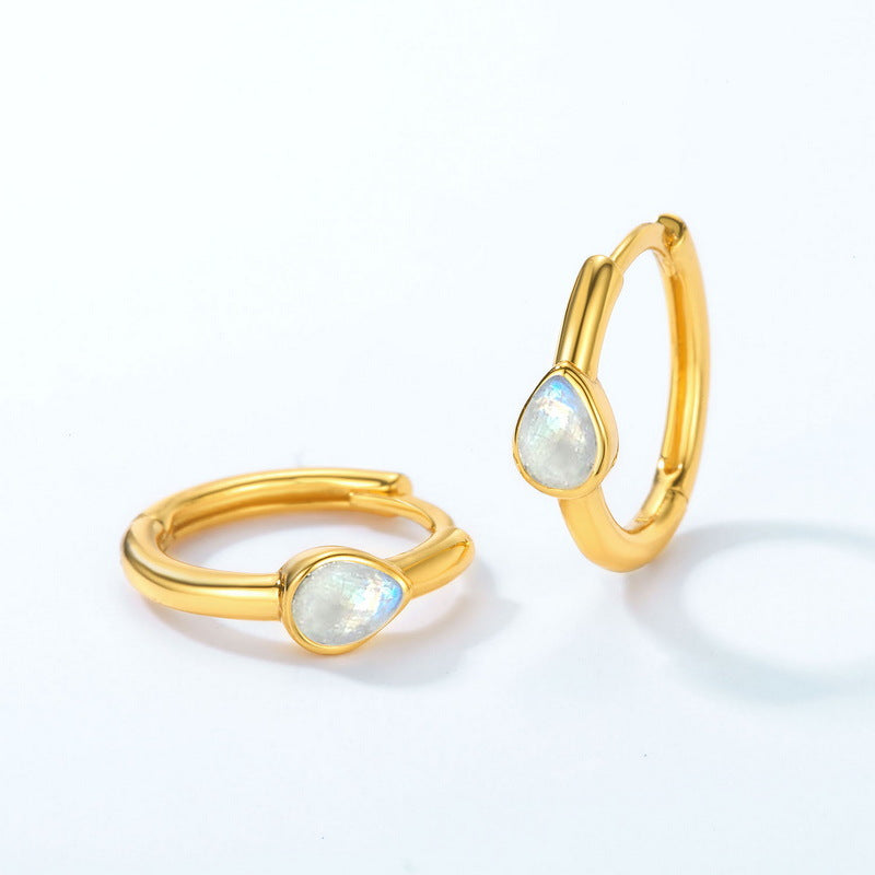 S925 Sterling Silver Jewelry Earrings Natural Moonstone Gemstone Simple Luxury Hoop Earrings