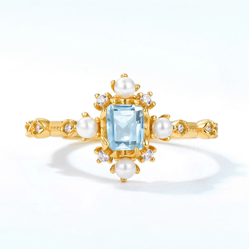 S925 Sterling Silver Jewelry Ring Natural Sky Blue Topaz Gemstone Snowflake Style Rings