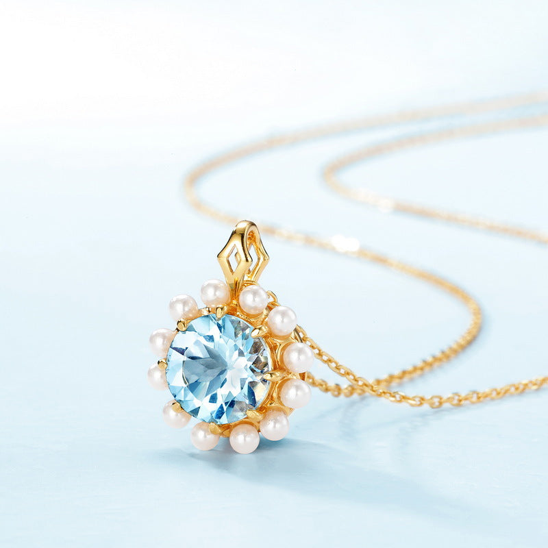 S925 Sterling Silver Jewelry Pendants Natural Sky Blue Topaz Gemstone Pearl Necklace Charms