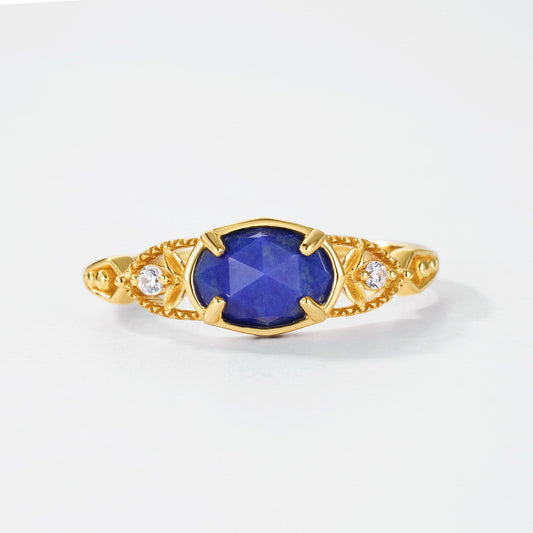 S925 Sterling Silver Jewelry Ring Natural Lapis Lazuli Gemstone Oval Style Fashion Rings