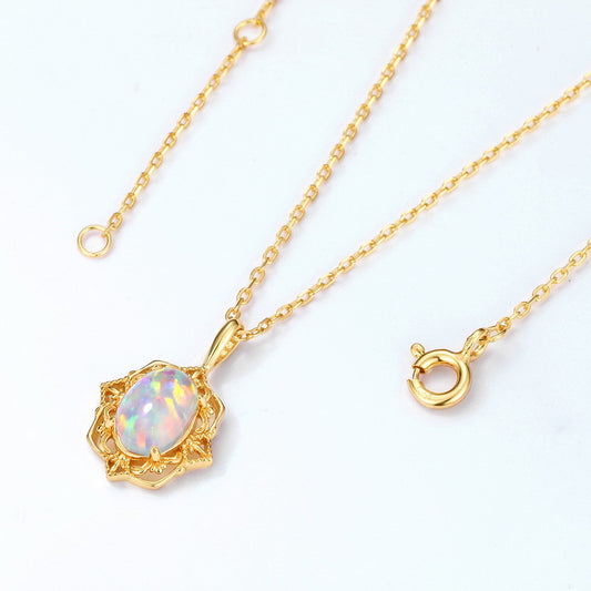 S925 Sterling Silver Jewelry Opal Gemstone Gold Plating Vintage Style Necklace Pendant