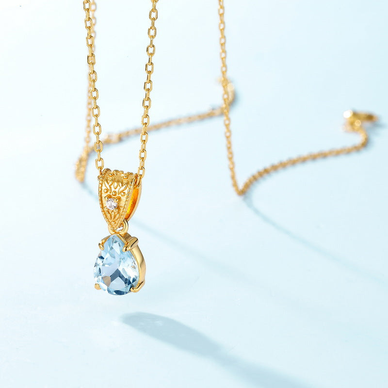 S925 Sterling Silver Jewelry Pendants Natural Sky Blue Topaz Water Drop Style Necklace Charms
