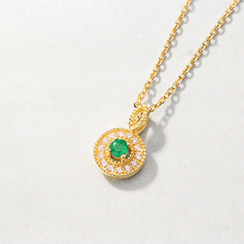 S925 Sterling Silver Jewelry Pendants Natural Emerald Gemstone Round Board Necklace Charms
