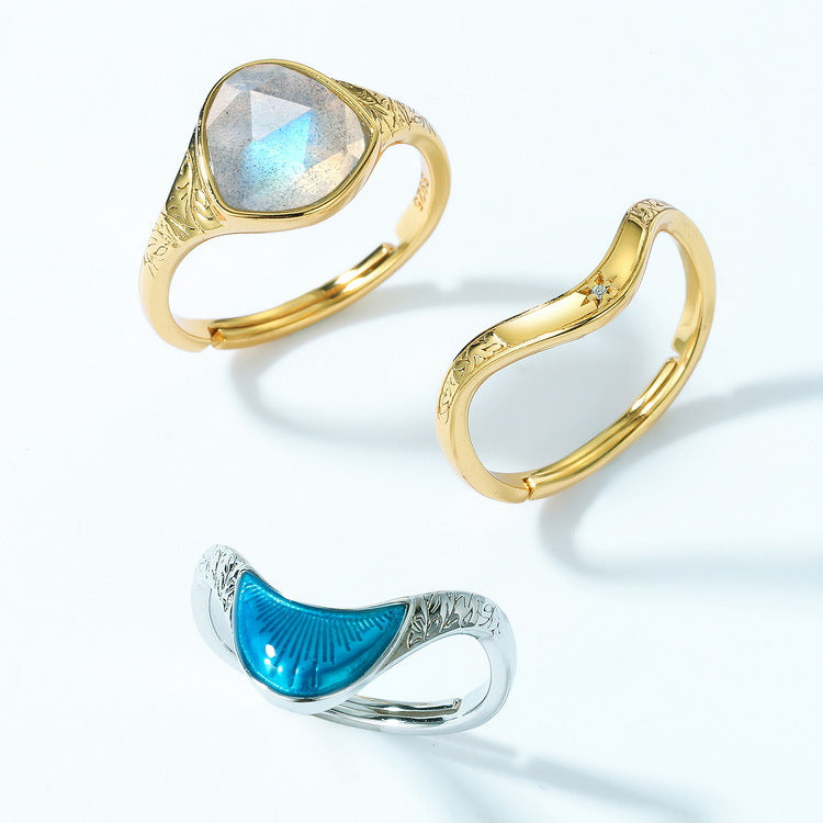 S925 Sterling Silver Jewelry Ring Natural Labradorite Gemstone Irregular Style Stacking Rings