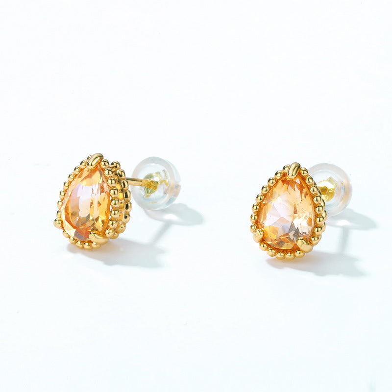 S925 Sterling Silver Jewelry Earrings Natural Citrine Gemstone Water Drop Style Stud Earrings