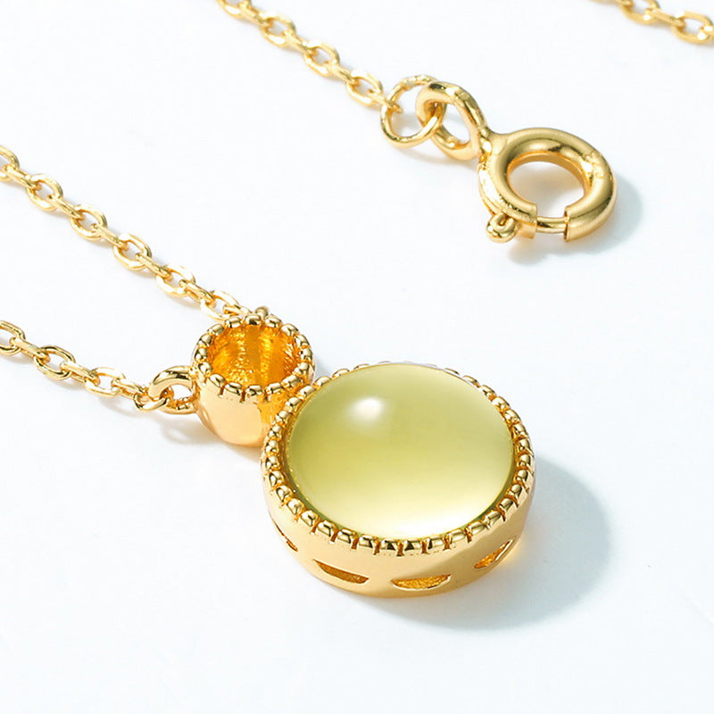 S925 Sterling Silver Jewelry Necklace Natural Amber Geometric Round Style Charms Necklaces