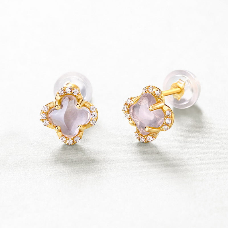 S925 Sterling Silver Jewelry Earrings Natural Rose Quartz Lucky Clover Style Stud Earrings