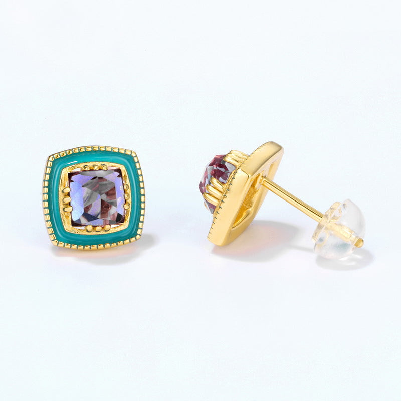 S925 Sterling Silver Jewelry Earrings Natural Amethyst Gemstone Enamel Stud Earrings