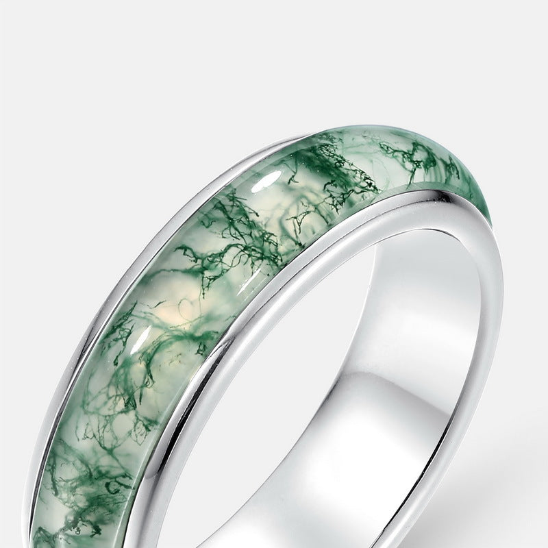 S925 Sterling Silver Jewelry Ring Natural Moss Agate Gemstone Fashion Band Rings