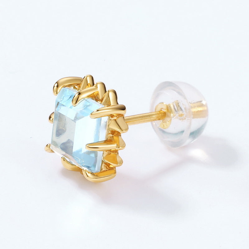 S925 Sterling Silver Jewelry Earrings Natural Sky Blue Topaz Gemstone Square Style Stud Earrings