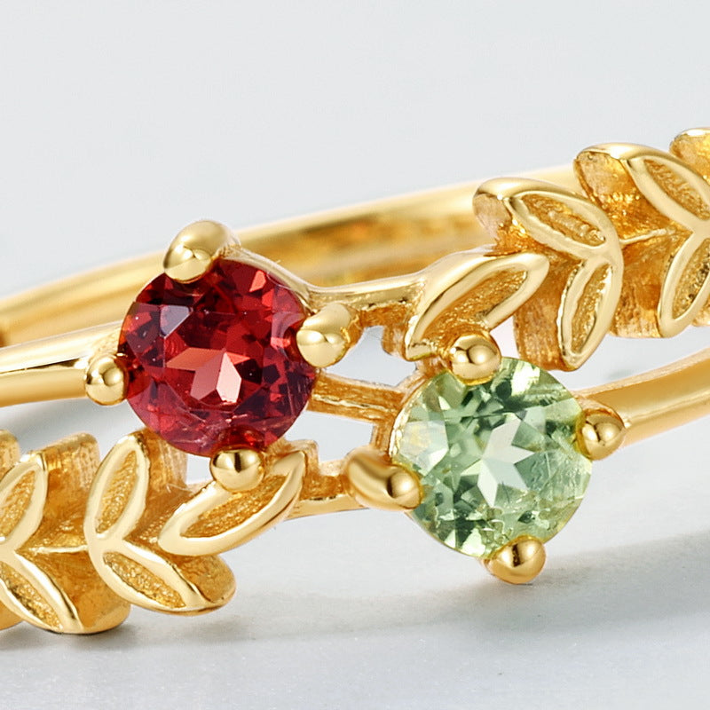 S925 Sterling Silver Jewelry Rings Natural Peridot and Garnet Gemstone Elegant Ring