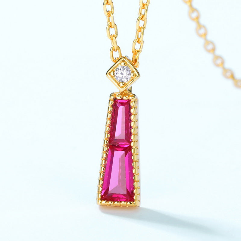 S925 Sterling Silver Jewelry Necklace Red Corundum Gemstone Geometric Style Charms Necklace