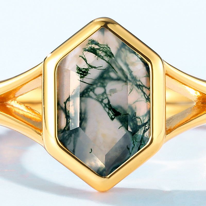 S925 Sterling Silver Jewelry Ring Natural Moss Agate Gemstone Geometric Simple Luxury Rings