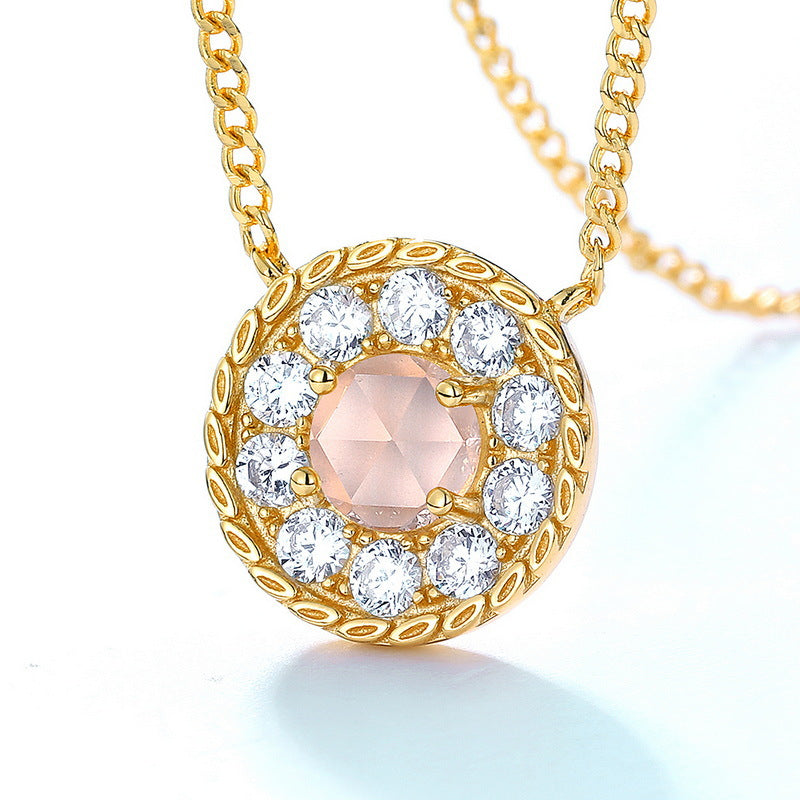 S925 Sterling Silver Jewelry Necklace Natural Rose Quartz Shining Charms Choker Necklace