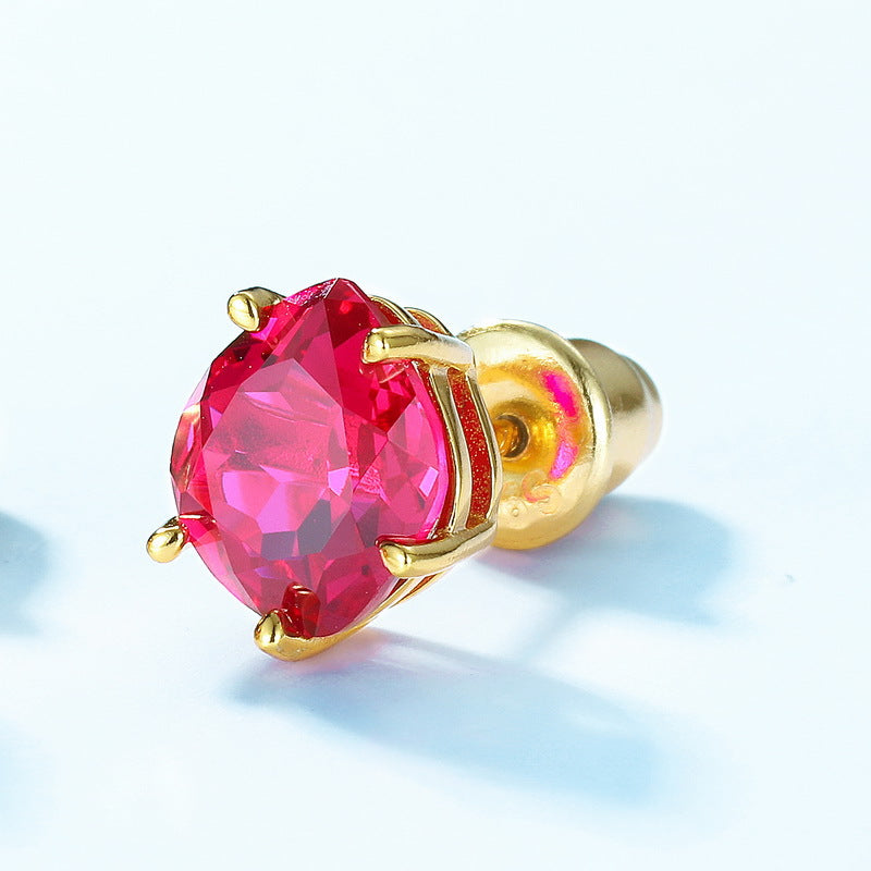 S925 Sterling Silver Jewelry Earrings Red Corundum Gemstone Geometric Style Stud Earrings