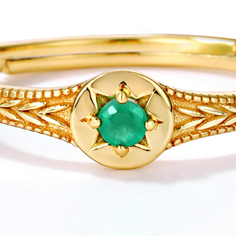 S925 Sterling Silver Jewelry Ring Natural Emerald Gemstone Vintage Star Style Rings