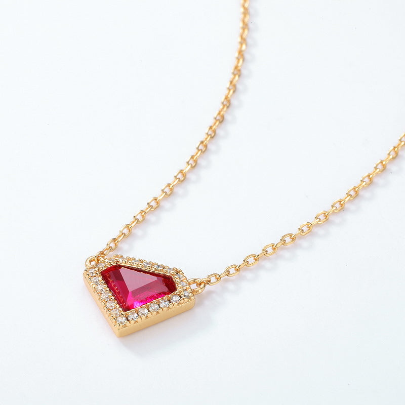 S925 Sterling Silver Jewelry Necklace Red Corundum Gemstone Shield Style Charms Necklaces