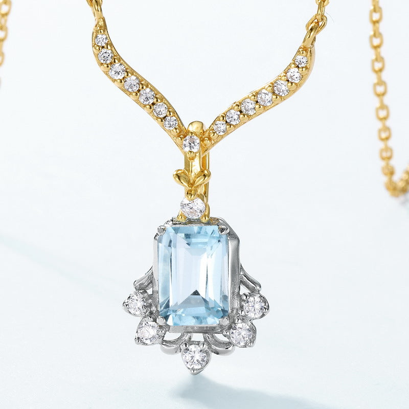 S925 Sterling Silver Jewelry Necklace Natural Sky Blue Topaz Gemstone Palace Style Necklaces