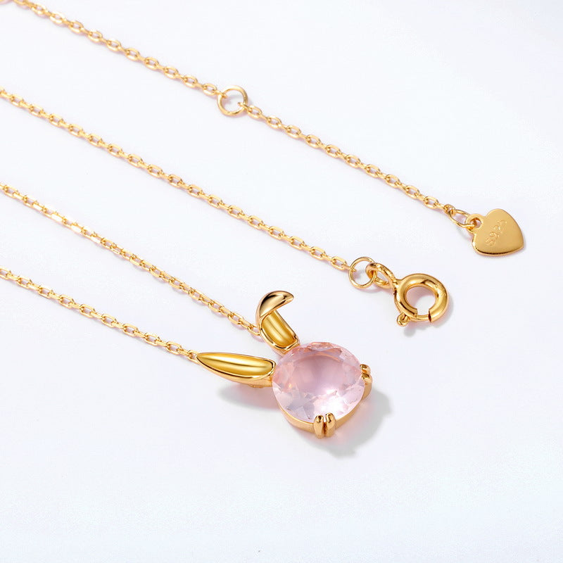 S925 Sterling Silver Jewelry Necklace Natural Rose Quartz Cute Rabbit Charms Choker Necklace