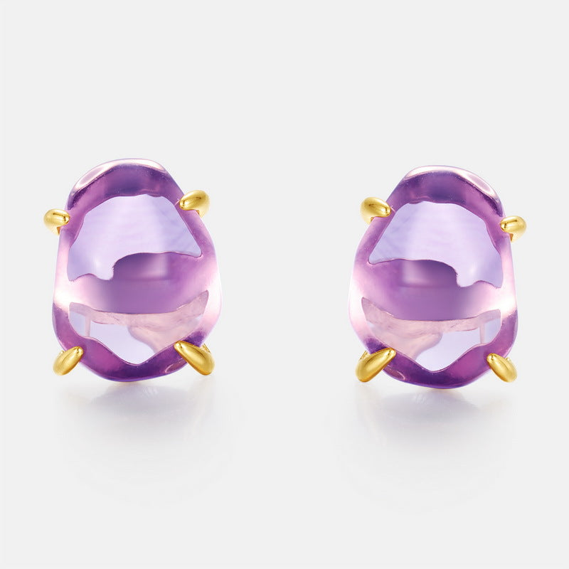 S925 Sterling Silver Jewelry Earrings Natural Amethyst Gemstone Irregular Style Stud Earrings