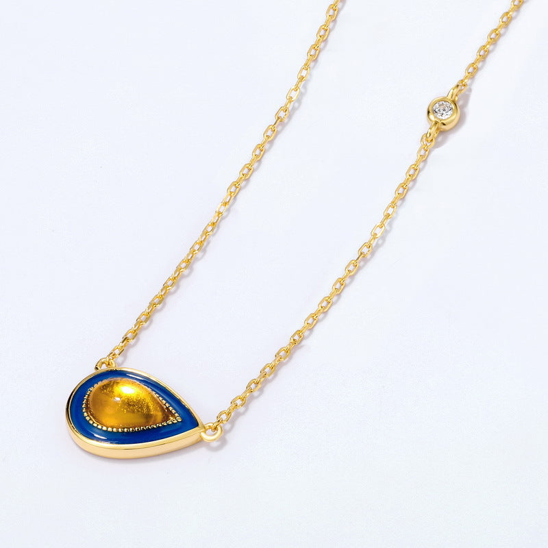 S925 Sterling Silver Jewelry Necklace Natural Amber Enamel Water Drop Style Charms Necklaces