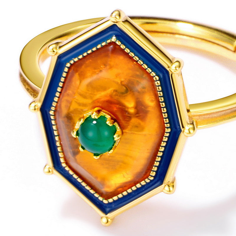 S925 Sterling Silver Jewelry Ring Natural Amber Vintage Palace Style Simple Luxury Rings