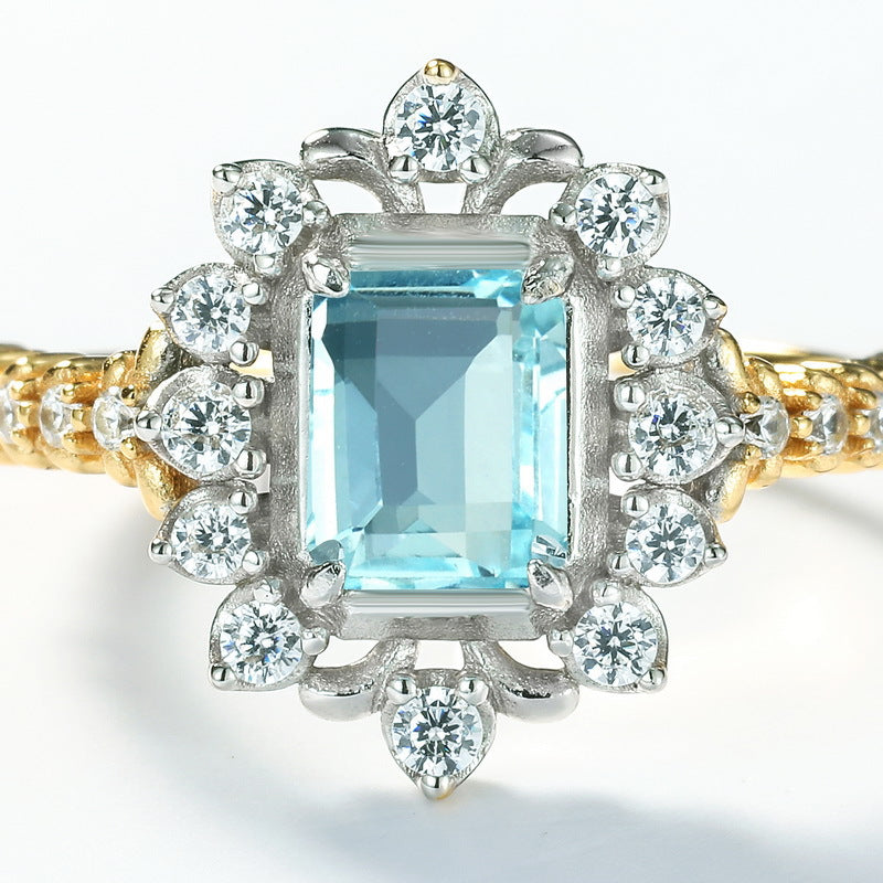 S925 Sterling Silver Jewelry Ring Natural Sky Blue Topaz Gemstone Palace Style Luxury Rings
