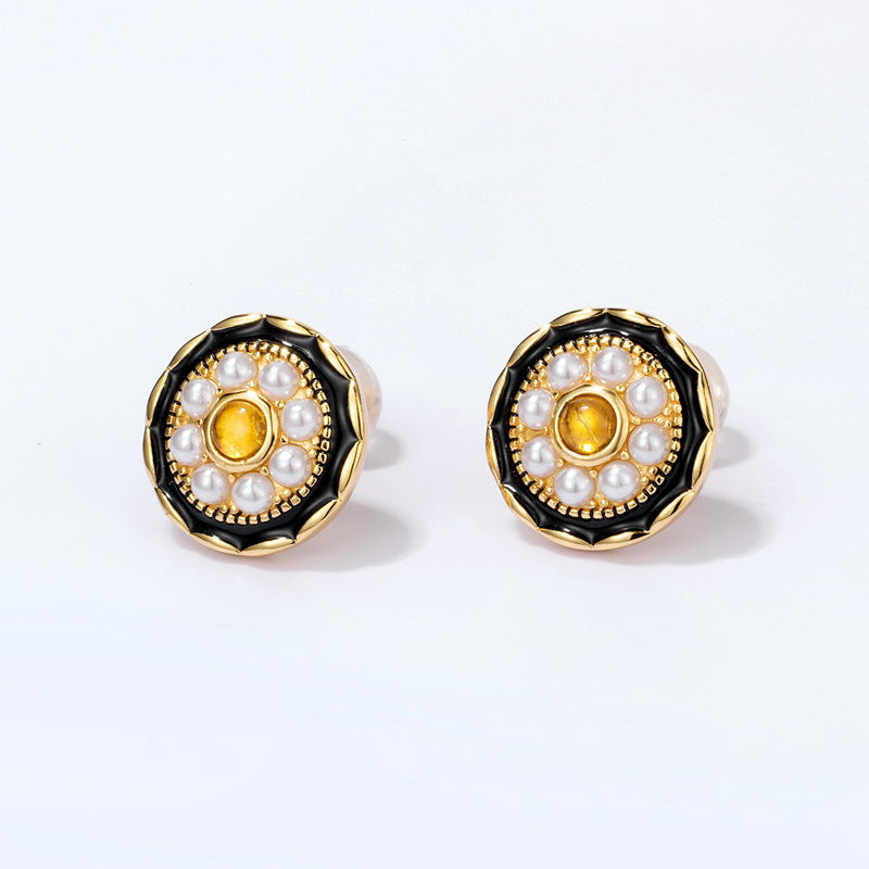S925 Sterling Silver Jewelry Earrings Natural Amber Vintage Folk Style Pearl Earrings